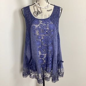 Women’s Blue Knit Top Sleeveless Crocheted 🧶 Design Cutouts